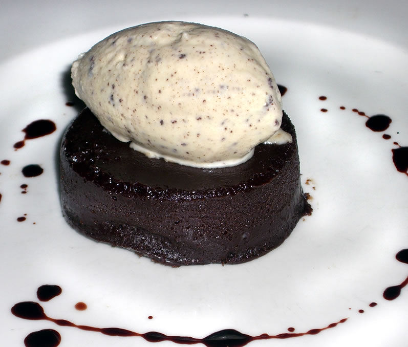 Pralus Chocolate Truffle Cake with Ninety Farms Stracchiatelle Gelato & Cherry Vinegar Reduction
