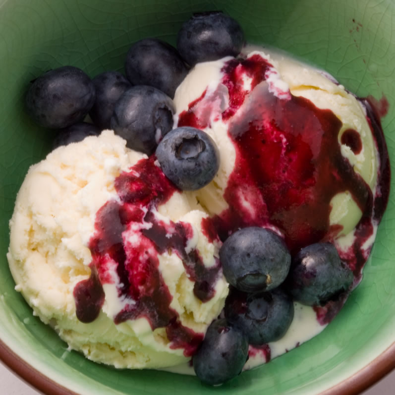 Candied Ginger Ice Cream with Blueberry Lime Sauce