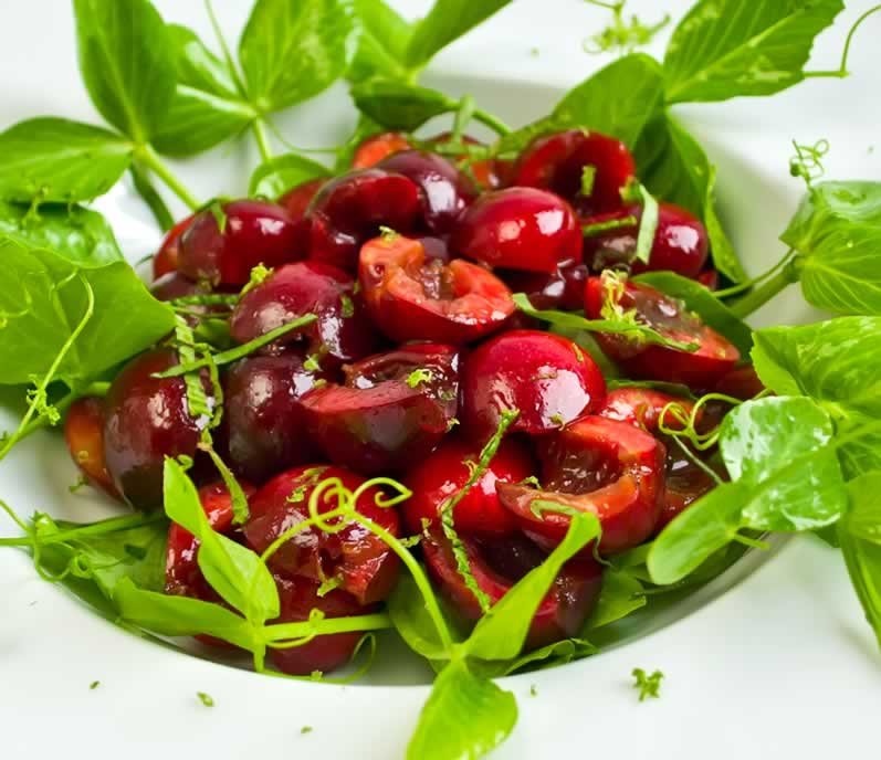 Sweet Cherry & Pea Vine Salad with Basil & Mint