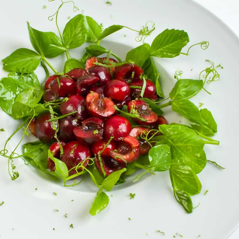 Bing Cherry Pea Vine Salad with Lime Vinaigrette1