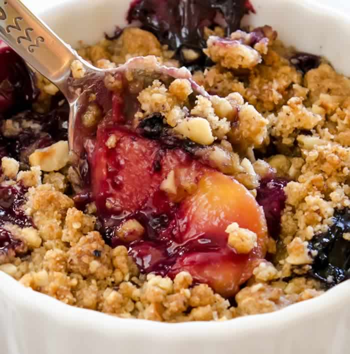 Ginger Lime Peach Blueberry Crisp with Toasted Hazelnut Streusel Closeup