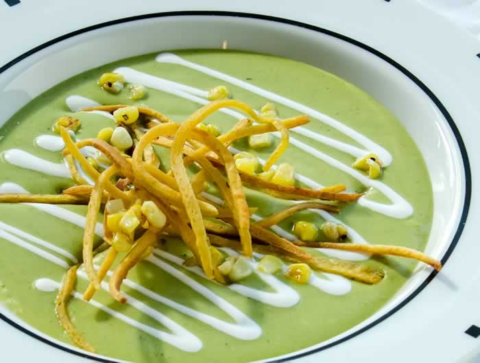 Roasted Green Chile Soup with Mexican Crema, Frizzled Tortillas & Charred Sweet Corn | LunaCafe