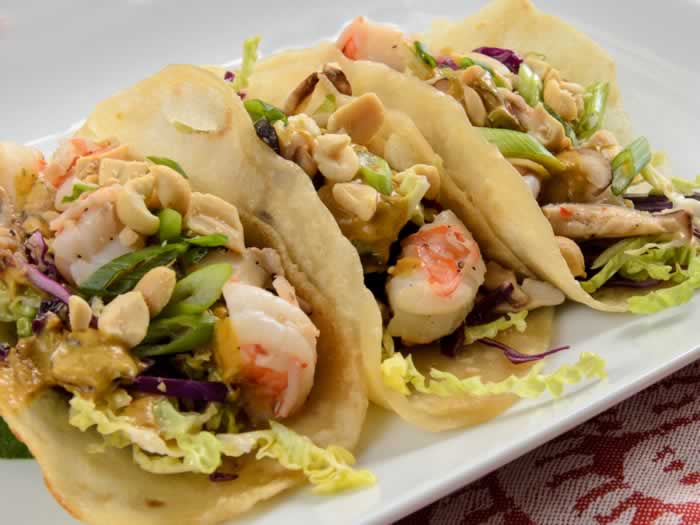 Asian Tacos with Prawn & Shiitake Filling & Cabbage Slaw