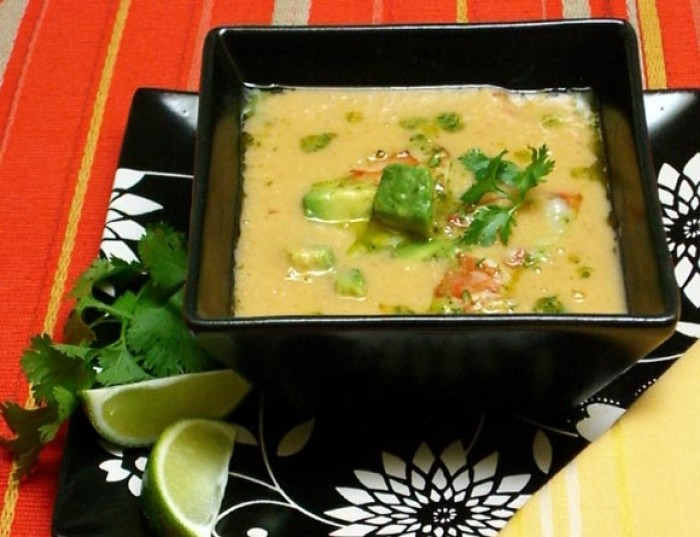 Fresh Corn Soup with Prawn, Avocado, & Lime Escabeche